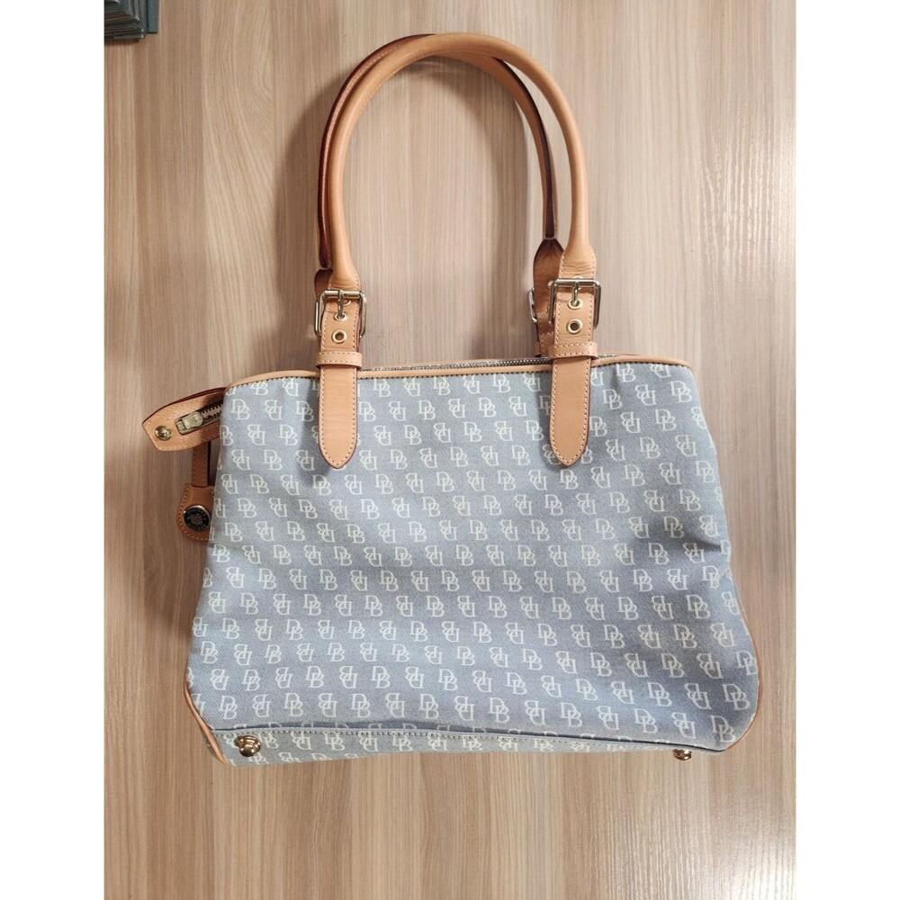 Beige & Light Blue Patterned Tote Bag with Tan Handles